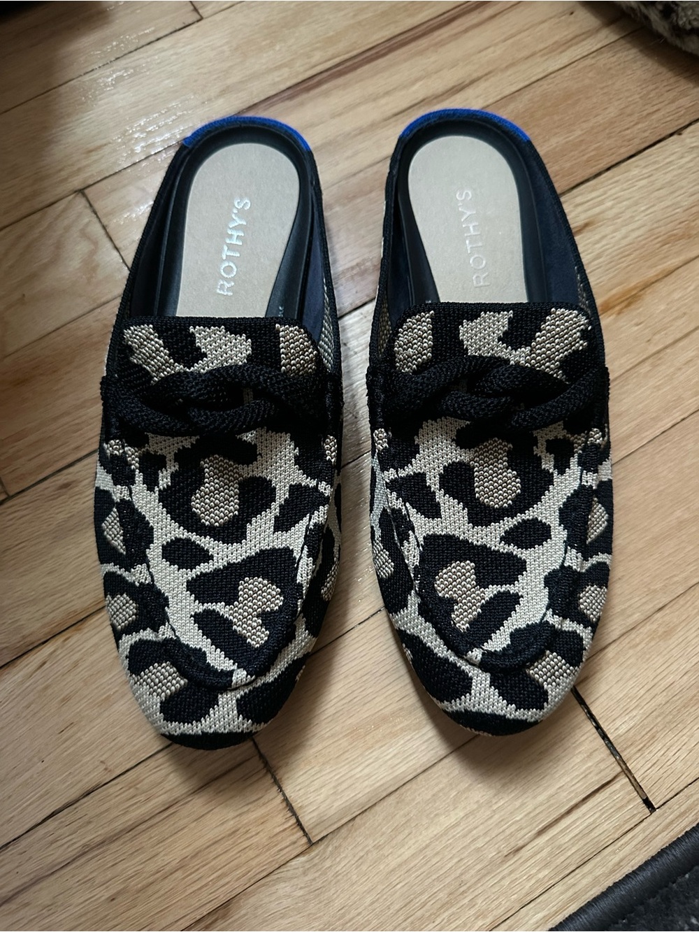 Rothy's Black & Cream Leopard Knit Loafer Mules